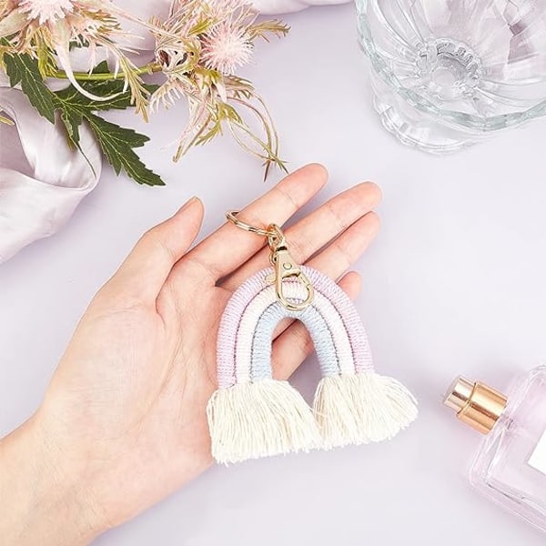 Vævet regnbue-kvast nøglering Boho regnbue-kvast charme Makrame regnbue-kvast nøglering Bilnøglering holder taske pung