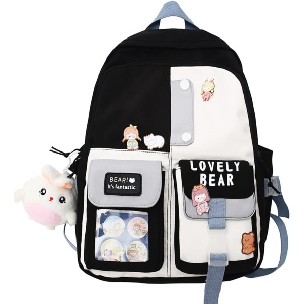 Kawaii Ryggsäck för Flickor Kvinnor Pin Bear Tillbehör College High School Bookbag Lätt Casual Resväska Laptop Väska-svart + Vit