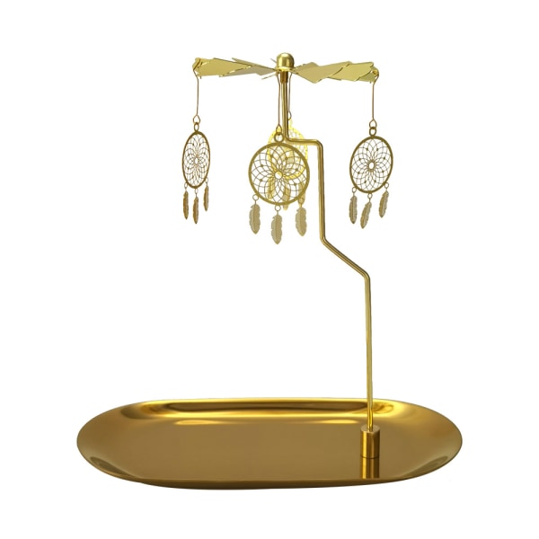 Pyörivä kynttilänjalka tarjottimella, Glod Carousel -kynttiläpyöre, pyörivä metallinen teevalokynttilänjalka pöydän keskiosaan (Gold Dreamcatcher)