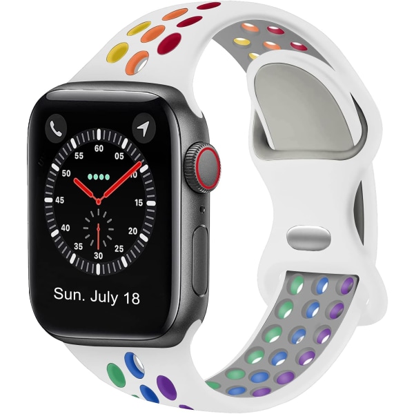 Kompatibel med Apple Watch Band Menn Kvinner, Pustende Silikon Sport Erstatningsarmbånd Rem for Størrelse:42/44/45/49mm/Hvit&Regnbue