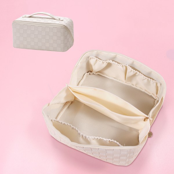 Makeup taske - Stor rejse kosmetik taske til kvinder, multifunktionel åben flad toilettaske med håndtag, hvid