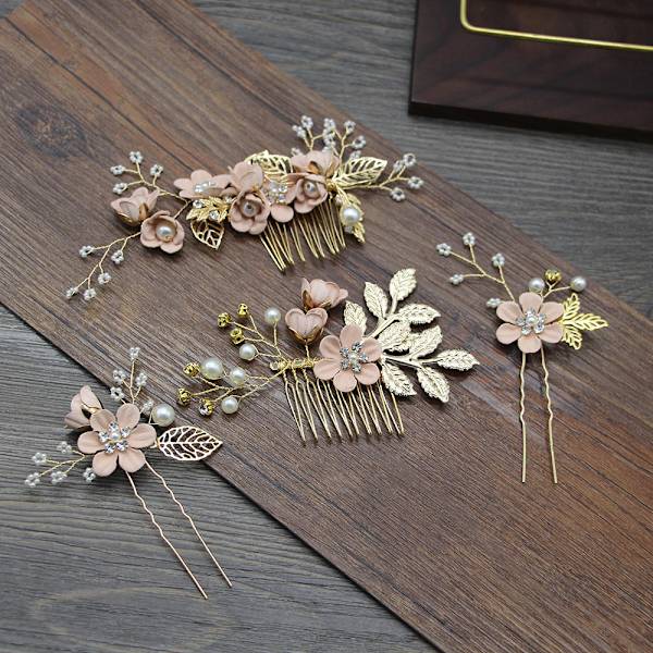 Brud Hårclips 4 st Bröllop Hårkam Rhinestones Kristall Blommig Brud Hårclips Hårnål Hår Smycken för Bröllopsklänning Tillbehör (Rosa)