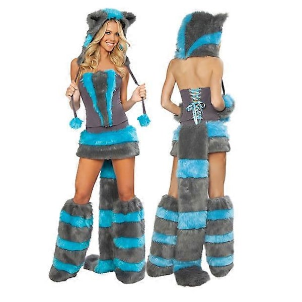 Sexig Jul Dam Kostym Cosplay Stor Svans Varg Cosplay Party Maid Frestelse Jultomte Tvådelad Kostym Blue-gray Catwoman