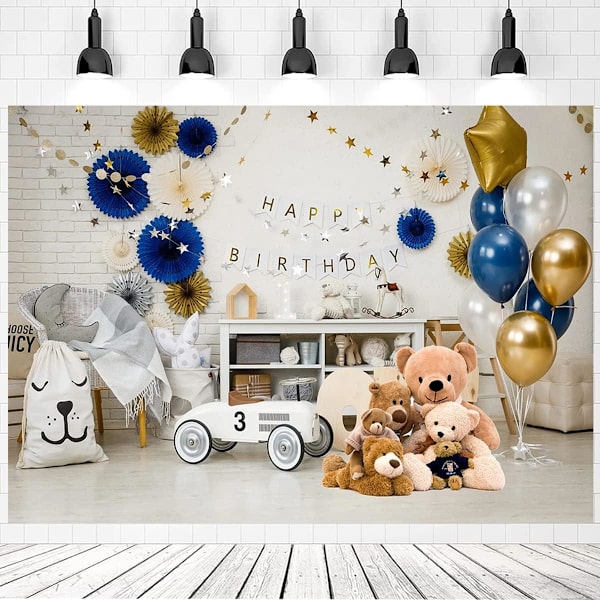 Första födelsedagsfest ballonger presenter dekor babyfotografering bakgrund tårta smash bakgrund banner björn babyshower bakgrund porträtt bakgrund 7x5ft