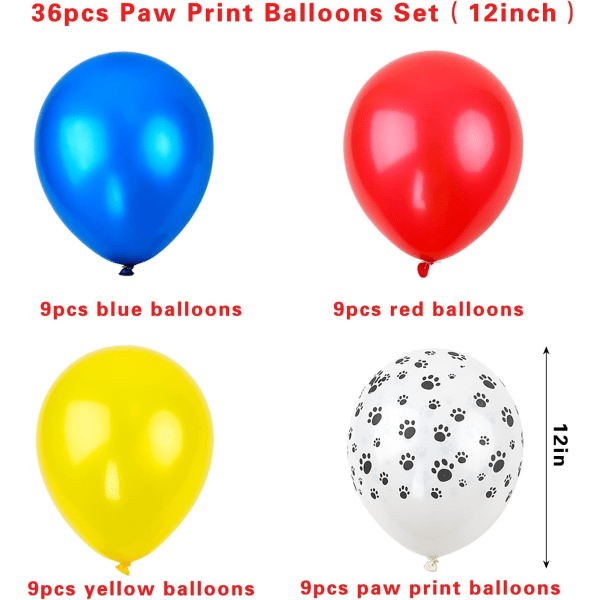 36 st Paw Patrol ballonger 12 tum med färgglada hundtassar print Inkluderar röd, gul, blå, valpballonger