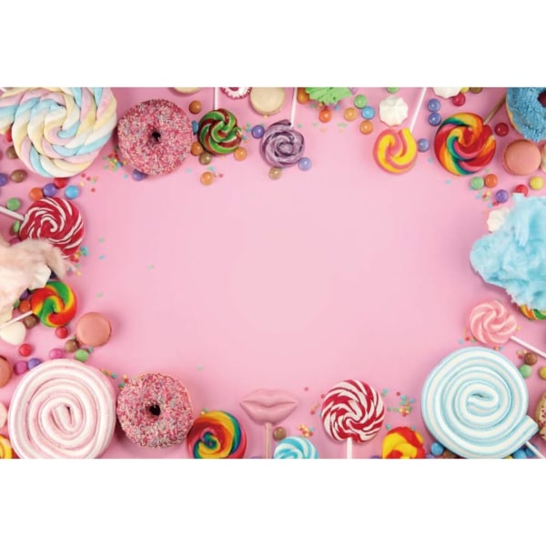 Karkkivalokuvaus tausta lapsille syntymäpäiväjuhliin Baby Shower -tausta Makea vaaleanpunainen seinä tikkari karkki Donitsi lasten kakku Lasten syntymäpäivä