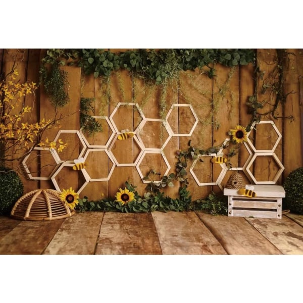 7x5ft honeycomb baggrund til fotosession Børn Portræt Grønne blade Ivy Solsikke Trævæggulv Bikube Bee Baggrund Baby Shower Party Decors