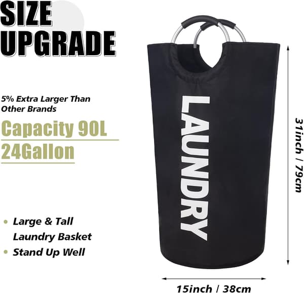 Laundry Bag with Padded Handles, Waterproof Laundry Hamper Foldable, Laundry Basket for Bathroom, Laundry Room, College black