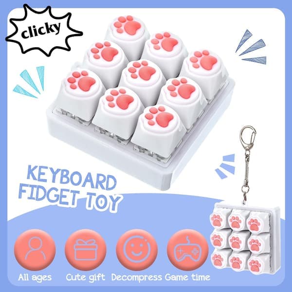 Keyboard Fidget Tool Fidget Clicker Keyboard Keychain Decompression Tool Dual Sound Keyboard Cat Paw Fidgets Prop Silent & Loud