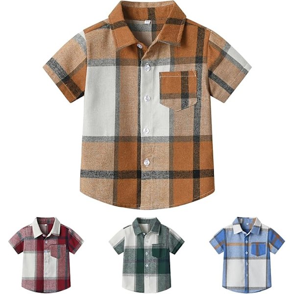 Rutete skjorte med korte ermer for gutter, barneskjorter med knapper, rutete sommerklær for 1-8 år Light Brown 4-5Y