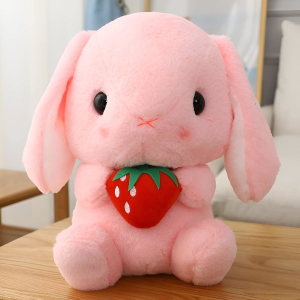 Blødt legetøj - Siddende kanin med ørering, påske hvid kanin udstoppet kanindyr med gulerod Blødt Dejligt Realistisk (Pink-Strawberry, 8,6 tommer/22 cm), S