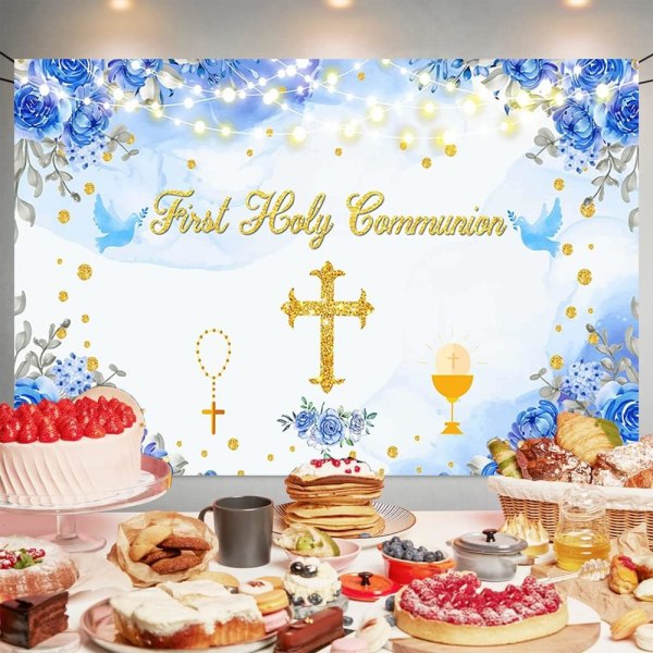 Første hellige kommunion baggrund banner dåb dåb Gud velsigne fest dekorationer banner blå første hellige kommunion baby shower baggrund for drenge