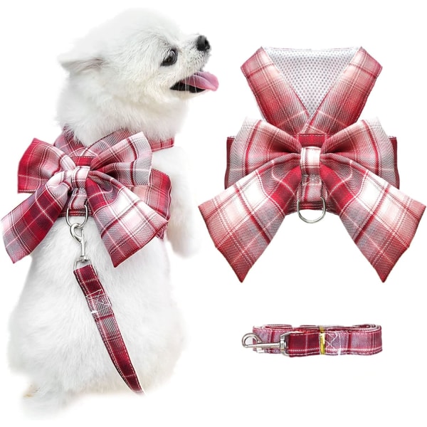 Dog Harness for Small Dogs with Bow Small Harness for Dogs with D-Ring Soft Mesh Adjustable Harness Set Puppy Pet Harness and Leash (Red XS)