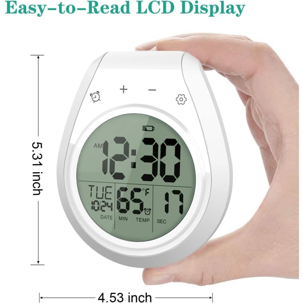 Digital dusjklokke vanntett, baderom tidtaker klokke, digital kjøkken veggklokke, stor LCD-skjerm, 12/24 timers format, innendørs temperatur