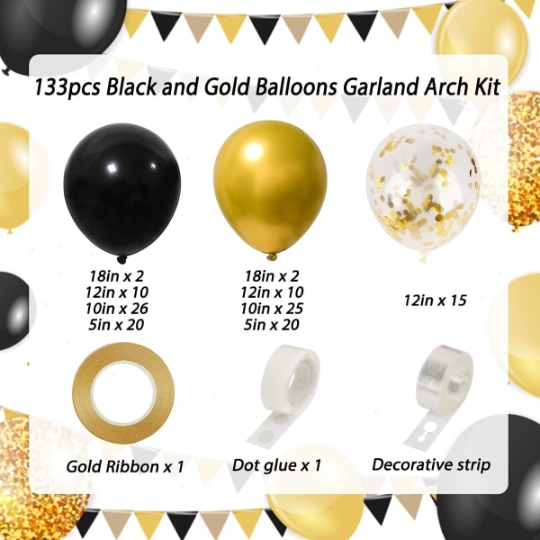 133 stk. sort og guld ballonbue guirlande sæt, sort metal guld og metallisk konfetti guld balloner til fest babyshower bryllup fødselsdag