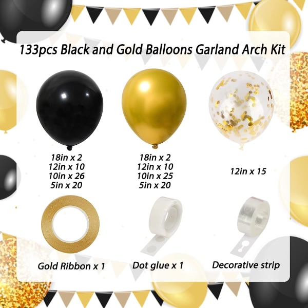 133 stk sorte og guld balloner Garland Arch Kit, sort metal guld og metallisk konfetti guld balloner til fest baby shower bryllup fødselsdag