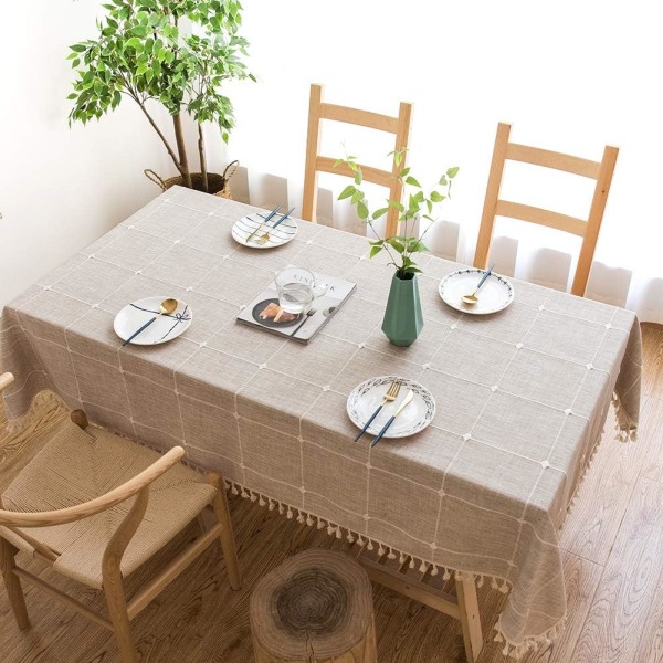Rektangulært Bordsduk Bomull Lin 140x200 cm Bordsduk Rektangel Bordsduk Dekorasjon Beige for Hjem Kjøkkenbord