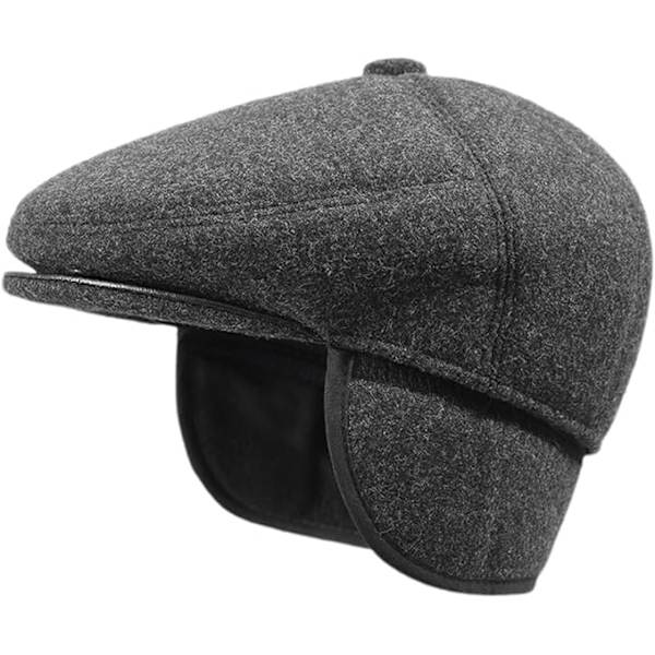 Vinterflatcaps for menn med øreklaffer i ullblanding, varm newsboy-lue, derby-lue, irske luer, lue for menn, utendørs, jakt, golf, vinterlue (grå 55-60 cm)