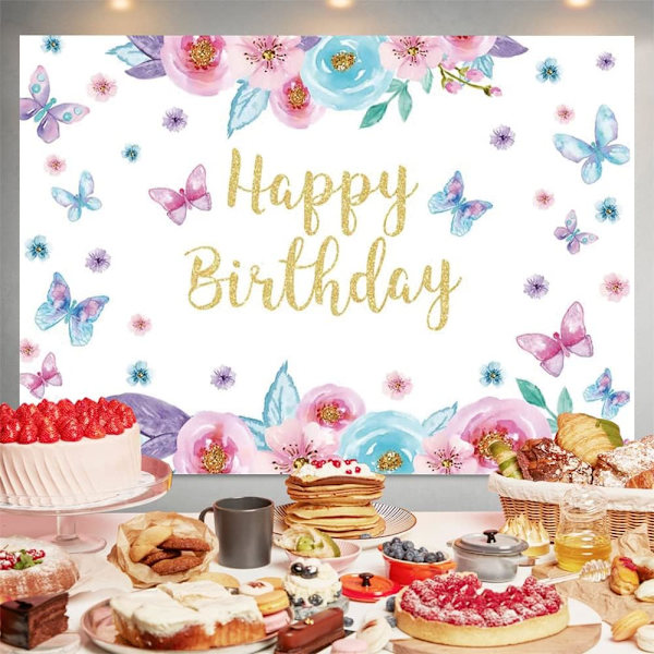 Glad födelsedag Bakgrund Vattenfärg Blommor Fjäril Födelsedag Fotografi Bakgrund Fjäril Vårtema Banner Fest Dekoration Tillbehör