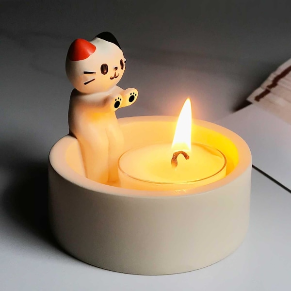Tecknad kattungeljusstake, söt katt, handgjord keramikljusstake, kattunge som värmer sina tassar Söt doftljushållare, kattälskare val dekor