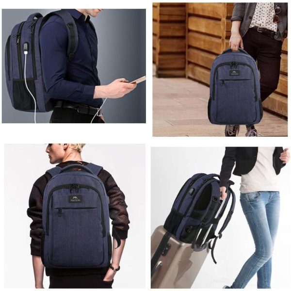 Laptop-rygsæk med USB-opladningsport, Slank rejserygsæk med til mænd og kvinder, Vandtæt bogtaske-taske til passer til 15,6 i bærbar computer, blå