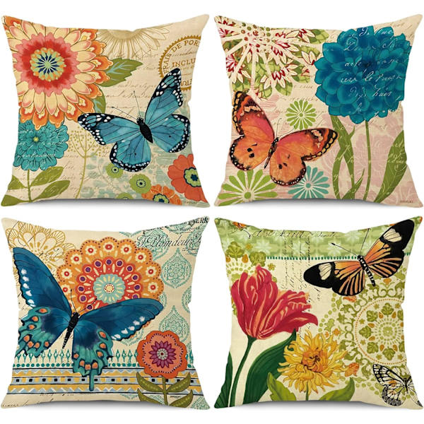 Vår sommar kuddfodral 18x18 set om 4 bondgård prydnadskuddfodral linne blomma fjäril dekorativa örngott för soffa vardagsrum