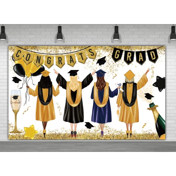 7x5ft 2023 Tillykke Grad Graduation Baggrund Graduation Festartikler Dekoration Guld og Sort Tillykke Grad Fest Dekoration