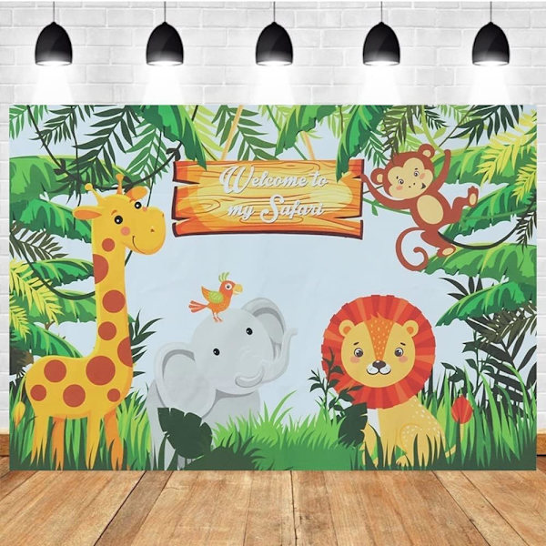 Viidakkosafari-aiheiset eläimet Syntymäpäiväbannerin tausta Valokuvaustaustat Vauvan syntymäpäiväjuhlat (7x5FT/2.1x1.5m)