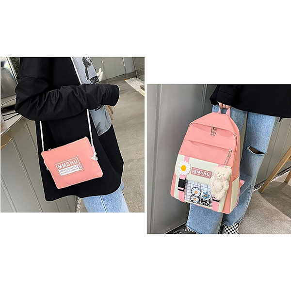 Kawaii skolväska femdelad canvas skolväska med teddybjörn pojkar flickor tillbaka till skolan tillbehör-rosa