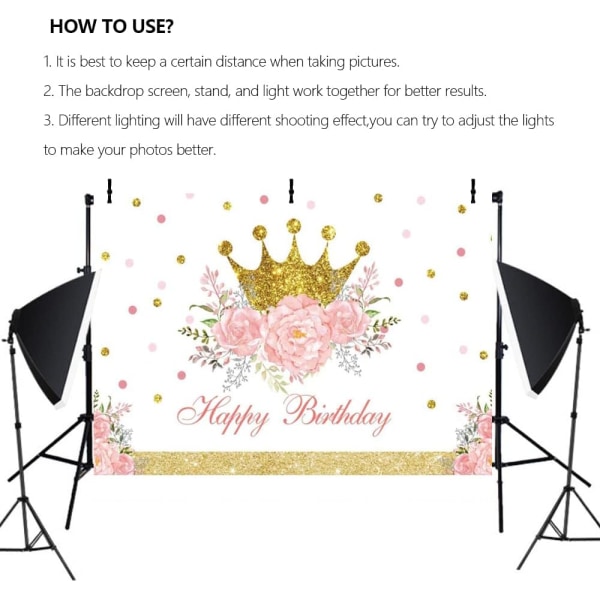 7x5ft Happy Birthday Bakgrund för Flickor Prinsessa Födelsedagsfest Dekoration Bakgrund Guld Krona Rosa Blommig Guld Prickig Festbanderoll Foto