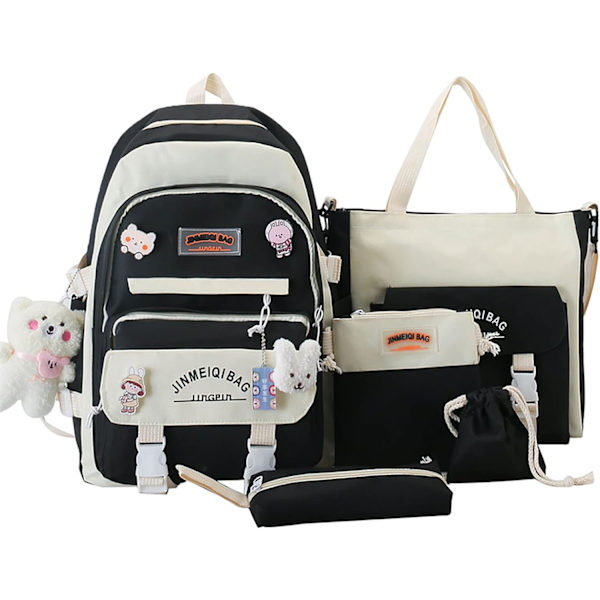Kawaii ryggsekksett med 5 deler estetisk ryggsekk for skole tenåringsjenter daglige nødvendigheter med sjarm og pins, pennal, tote bag, liten veske.