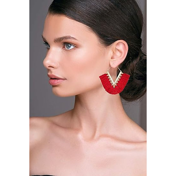 Statement Tassel Øreringe, Delikate Bohemian V-formede Tassel Hoop Øreringe Elegante Frynser Drop Dangle Øreringe til Kvinder Piger