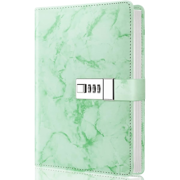 Marmordagbok med lås, påfyllningsbar A5-dagbok för tjejer och kvinnor, 192 sidor söt anteckningsbok med kombinationslås - grön
