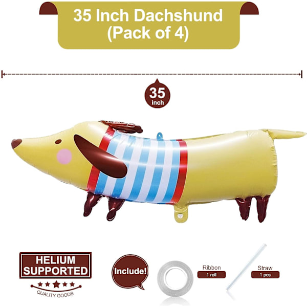 Store 35 tommers dachshund ballonger folie helium valp hund formet dyr ballonger for dyr kjæledyr hund tema bursdagsfest dekorasjoner rekvisita (pakke med 4)