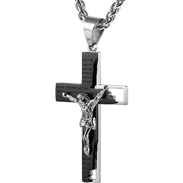 Rustfrit stål kors krucifiks bibel bøn vedhæng halskæde 22+2" kæde