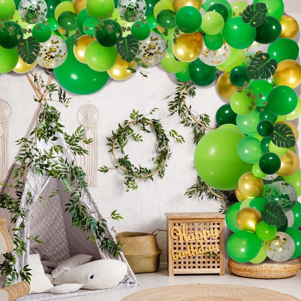 159 st Jungle Ballong Garland Arch Kit, Guld Lime Gröna Ballonger Dekoration med Konstgjorda Sköldpadds Blad för Wild One Födelsedagsfest