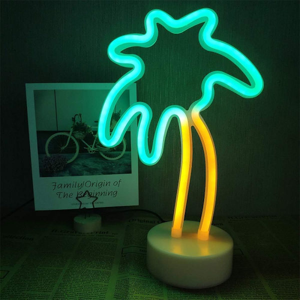 2-pack neonväggdekorationsljus USB/batteridrivna neonljus för sovrum flickor barn födelsedagsfest jul (flamingo & palmträd)