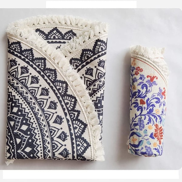 Käsinkudottu pyöreä puuvillamatto Mandala-kuvio Boheemi Vintage-tyyli Pompomeilla Konepestävä Makuuhuone Käytävä Olohuone Pöytä 60cm Kukka