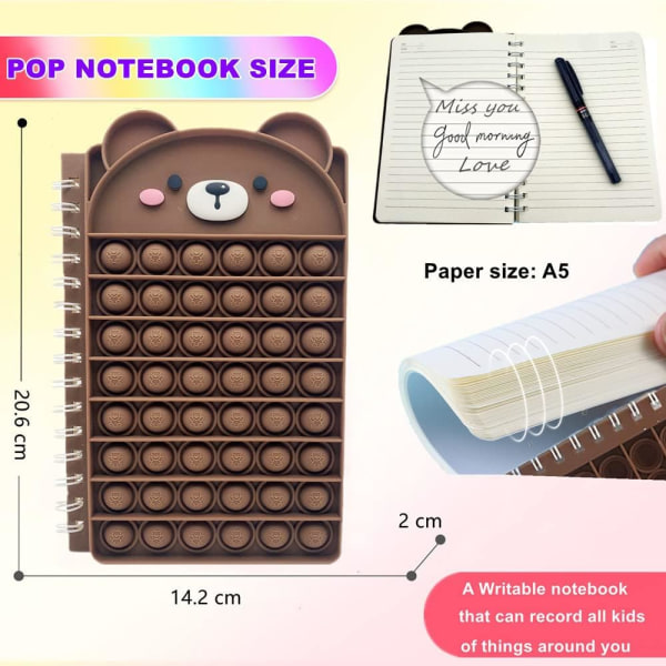 Pop Notebook, Push bubble Spiral Notebooks Fidget Toys, Søte Composition Notebooks, College Ruled Notebooks, Protable (A5 Bear)