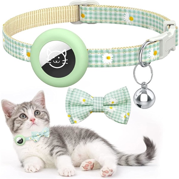 2 st AirTag katthalsband med klocka, justerbar kattungehalsband med vattentät hållare Kompatibel med AirTag Bowknot Design Pet Supplies - Grön