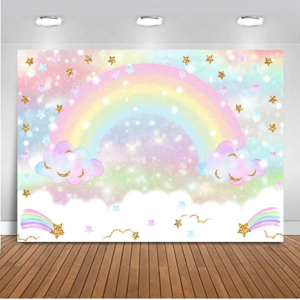 Havfrue og enhjørning baggrundstegning Havfrue fødselsdagsfest dekorationer Regnbue enhjørning tema fest dekoration Tillykke fødselsdag baggrund banner 7x5ft