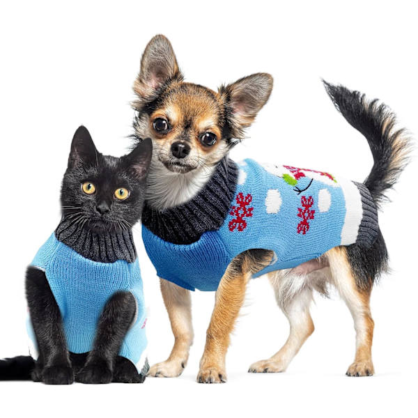 Pet Juletrøjer til Hunde, Snemandsprint, Hvalpe Julekostumer, Vinter Varme Rullekrave Jumpere, Hvalpe Strikkede Tøj, Katte Outfits (XL, Blå Snemand)