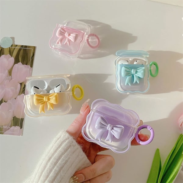 Yhteensopiva AirPods- case kanssa. Pehmeä kirkas TPU söpöllä 3D-värisellä keulasuunnittelulla iskunkestävä avaimenperän cover tytöille, nainen Airpods Pro2-violetti