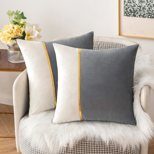 Pakke med 2 dekorative pyntepuder i fløjl med patchwork og guld læder bløde ensfarvede pudebetræk sofa puder pudebetræk 18 x 18 tommer grå