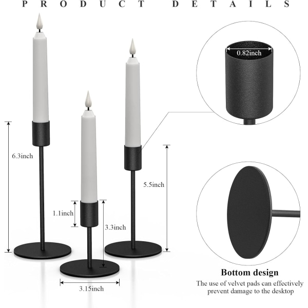 Korte svarte, koniske lysestaker for lysestake stearinlys Sett med 3 kandelaber med jern-0,8" diameter Ideell for bordets midtpunkt