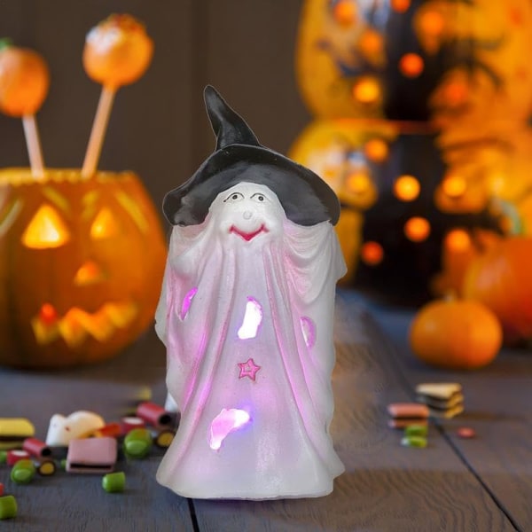 LED-valollinen haamupatsas, kauhutekoriste, minihartsinen tonttuhahmo, Halloween-koriste sisä- ja ulkopuutarhaan