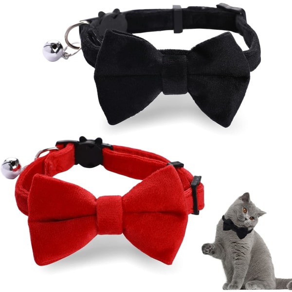Sæt med 2 fløjl-kattehalsbånd med klokke og sløjfe, justerbare halsbånd til kat, killing, lille hvalp, sikkerhedssløjfe, ensfarvet, til bryllup