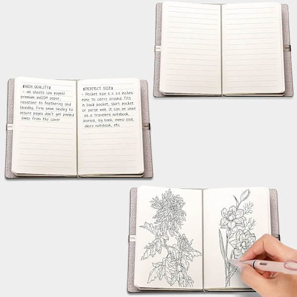Läderjournal för skrivning Fickstorlek Liten anteckningsbok för anteckningar, Journal för kvinnor Män, 2 linjerade papper och 1 tomt papper (A7 Grå)