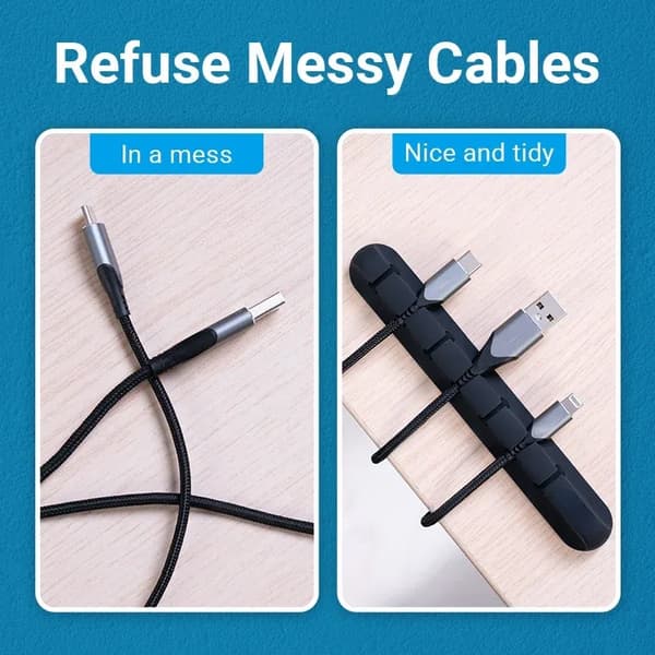 Silikon USB-kabelarrangør til skrivebord - Sort 3 clips
