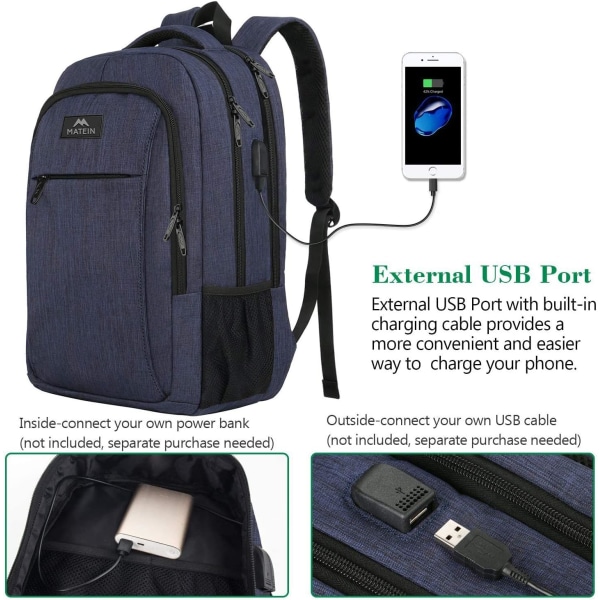 Laptop-rygsæk med USB-opladningsport, Slank rejserygsæk med til mænd og kvinder, Vandtæt bogtaske-taske til passer til 15,6 i bærbar computer, blå